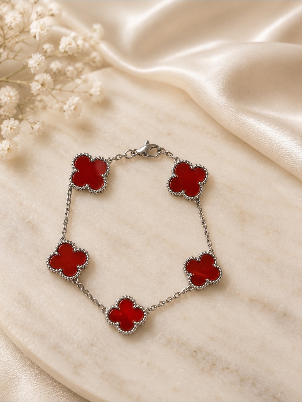 ❤️ Red Clover Station Bracelet | Silver Tone